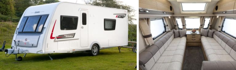 An Elddis caravan in the countryside and an interior image of the featured caravan.