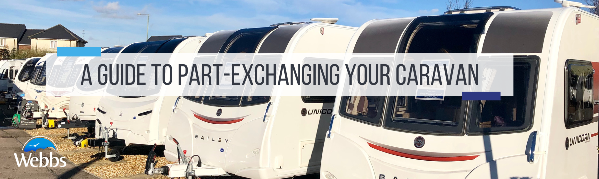 A row of caravans lined up. Part-exchanging your caravan with Webbs.