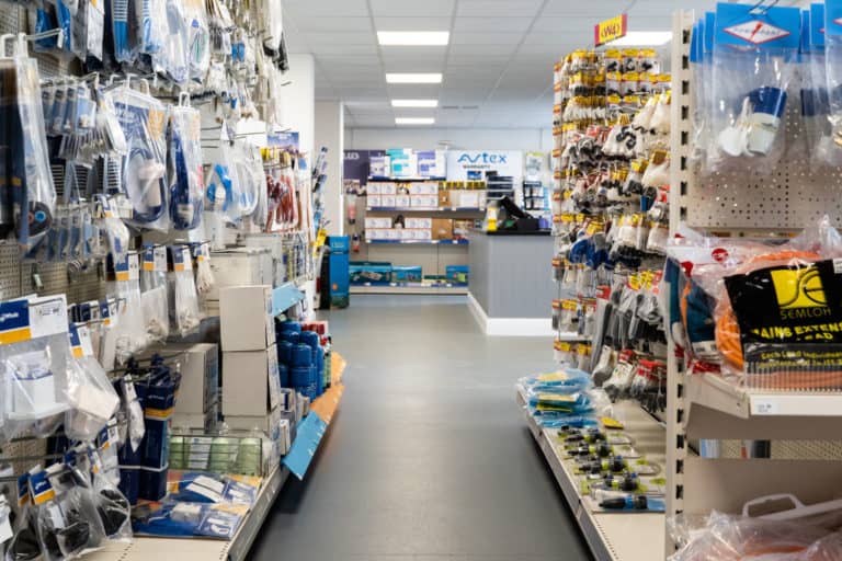 Aisles of caravan, motorhome and camping accessories at Webbs Motor Caravans' motorhome accessory shop.