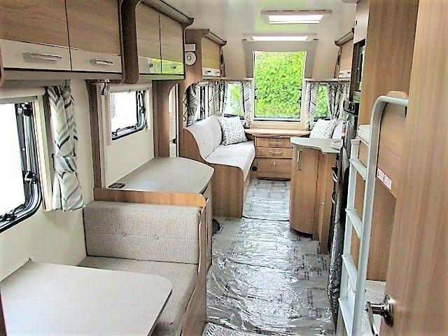 The inside of a caravan, at Webbs in Salisbury, as it is being internally and externally cleaned for collection.