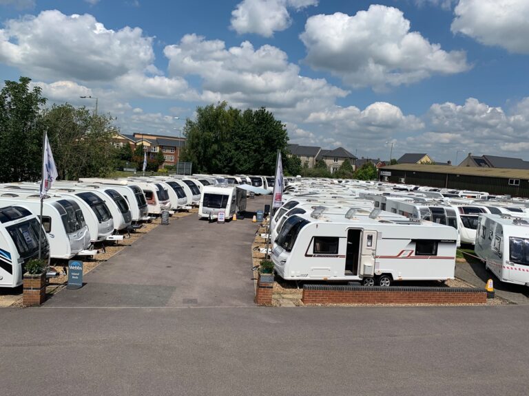 A full forecourt of caravans for sale at Webbs, Salisbury. Top 5 tips for new caravan owners blog by Webbs.