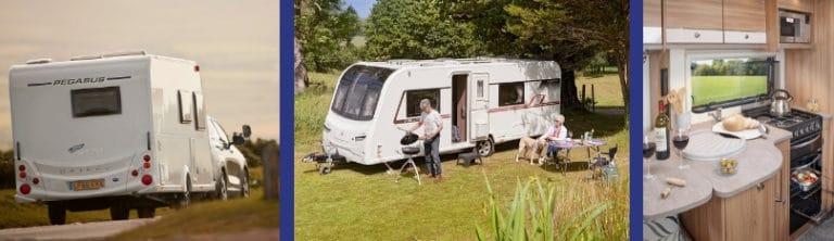 Different Bailey caravans being used on the road, in the countryside and an interior of a Bailey used caravan.