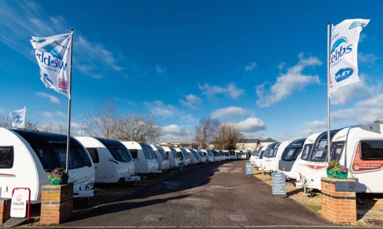 Webbs forecourt and the caravans available for sale in Salisbury.