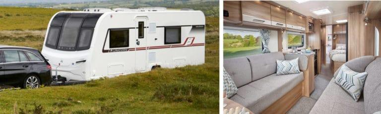 A Bailey caravan in the countryside attached to a car and an interior image.