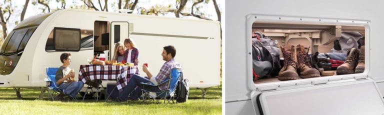 A family sitting at a table in front of a Swift caravan and an image of storage area in a caravan.