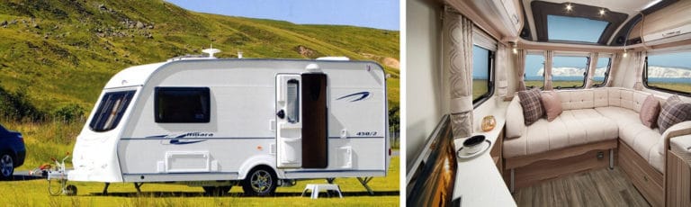 A Coachman caravan in the countryside and an interior image of the featured caravan.