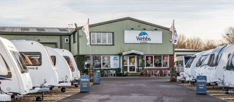 Webbs Caravans branch in Salisbury from the forecourt with some used-caravan stock.