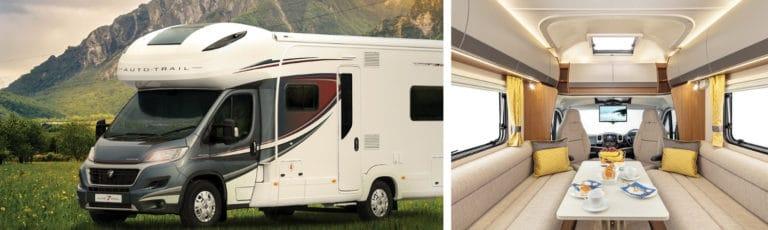 An Auto-trail motorhome parked in the countryside and the interior of the featured motorhome.