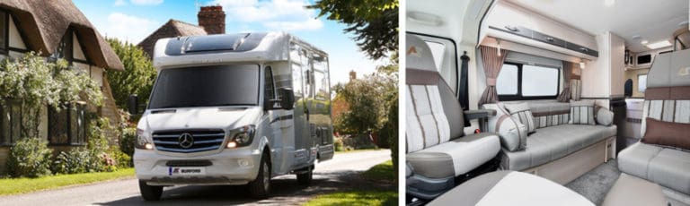 An Auto-sleeper motorhome in front of a cottage and an interior image.