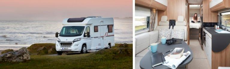 A Bailey motorhome parked in front of the sea and a picture of the interior.