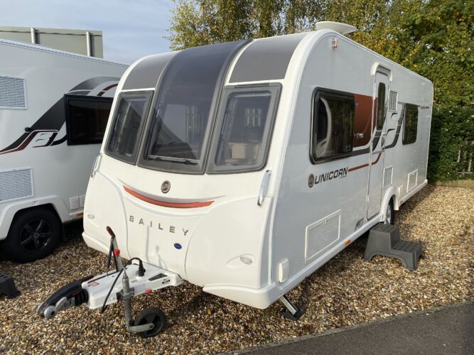 Exterior of Bailey Unicorn S3 Valencia. Used caravan. Webbs caravans, Salisbury, UK.