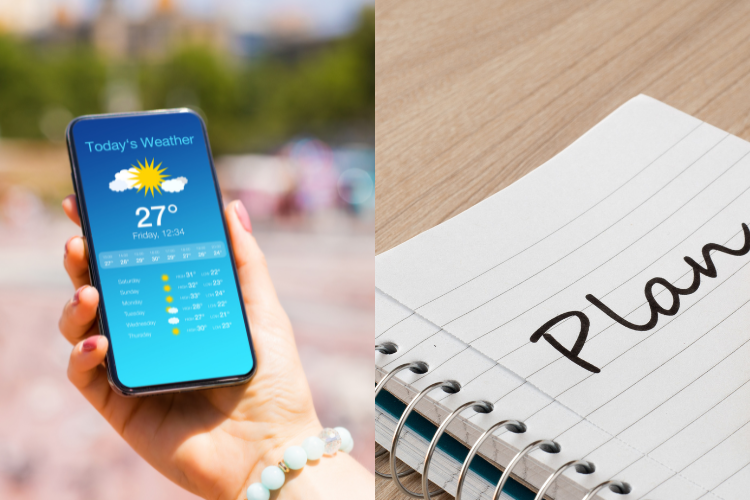 A phone displaying a really hot weather forecast and a notebook showing the word 'plan'. Summer survival tips in your caravan or motorhome by Webbs.