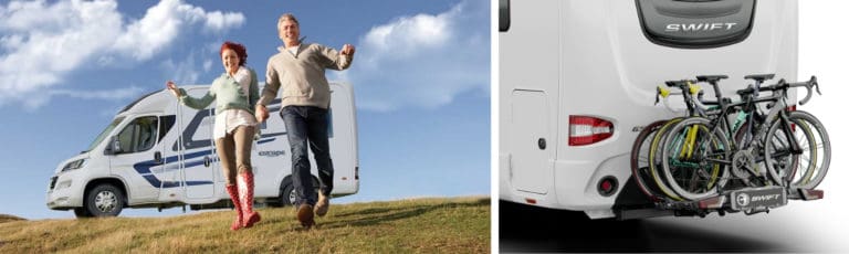 A happy couple standing in front of a Swift motorhome and a rear view of a Swift motorhome's bicycle rack.