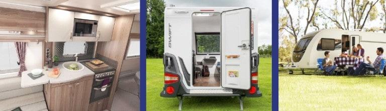 Three Swift caravans that show the inside, a rear-view and people sitting in front of a Swift used caravan. For sale at Webbs.