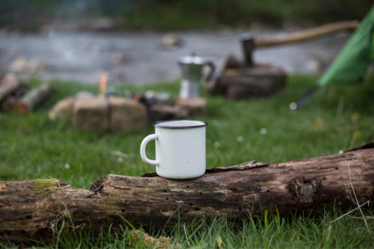 Camping mug on a log at a campsite by a fire