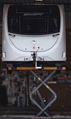 A caravan being repaired at the caravan workshop in Salisbury, Webbs, a caravan dealer